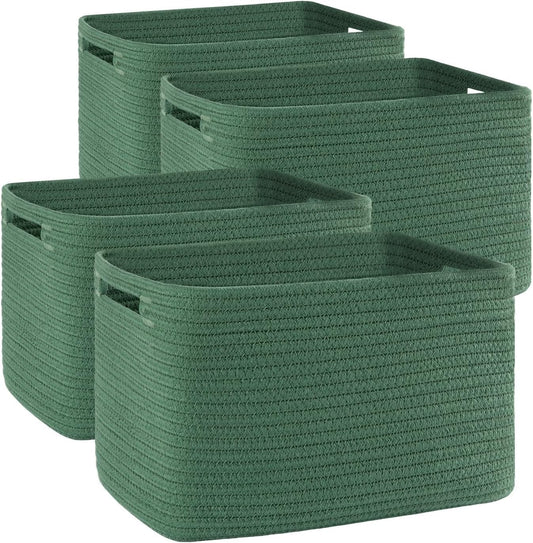 OIAHOMY 4 Pack Storage Baskets for Organizing, Cube Storage Bins for Shelves, Rectangle Storage Baskets With Handles, Woven Baskets for Storage, 12.7''Lx9''Wx7.8''H, Green