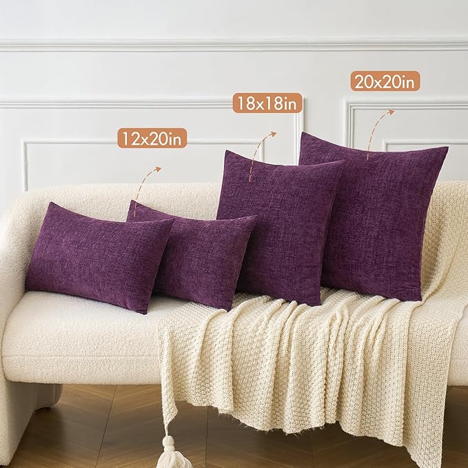 MIULEE Pack of 2 Couch Throw Pillow Covers 18x18 Inch Soft Plum Purple Chenille Pillow Covers for Sofa Living Room Solid Dyed Pillow Cases