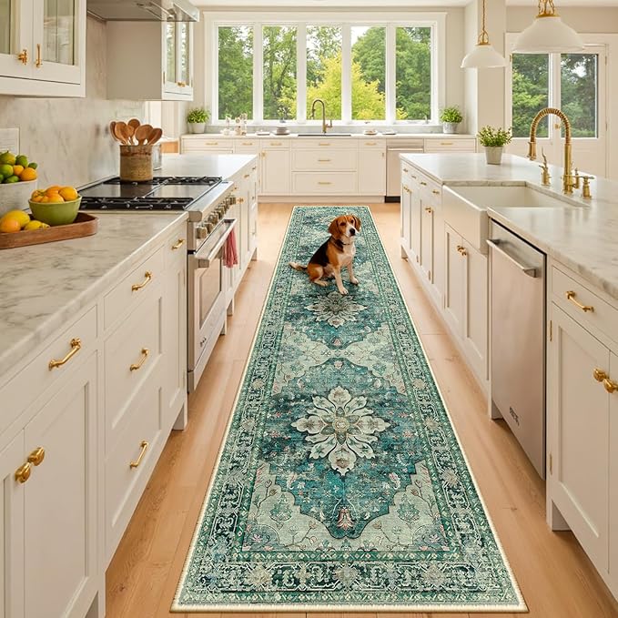 RELEANY Area Rugs 3'x10' Runner Rug Non Slip Washable for Kitchen Hallway Bedroom Beside Laundry Room Bathroom Rug, Floor Carpet, Dark Blue Vintage