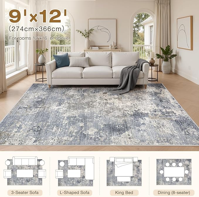 Area Rugs for Living Room: 9x12 Abstract Washable Rug Modern Neutral Large Soft Stain Resistant Non-Slip Backing Machine Table for Bedroom Dining Room Indoor Home Office Carpet - Light Denim Blue