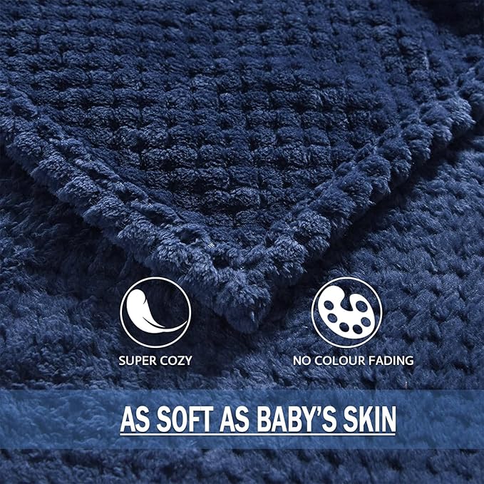 Exclusivo Mezcla Fleece Throw Blanket Extra Large, Super Soft and Warm Blankets for Couch, Sofa and Bed Waffle Textured, Cozy, Fuzzy and Lightweight (Navy Blue, 50x70 Inches)