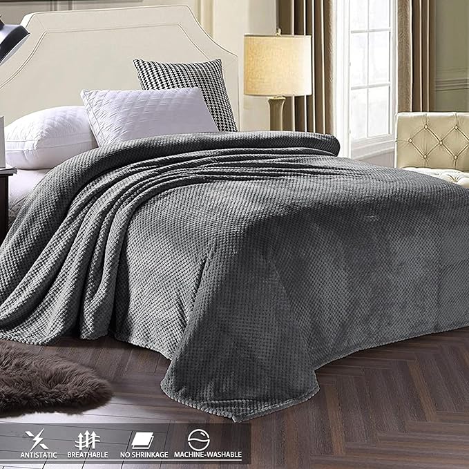 Exclusivo Mezcla Fleece Bed Blanket Twin Size, Super Soft and Warm Blankets for Couch, Sofa and Bed Waffle Textured, Cozy, Fuzzy and Lightweight (Dark Grey, 60x80 inches)