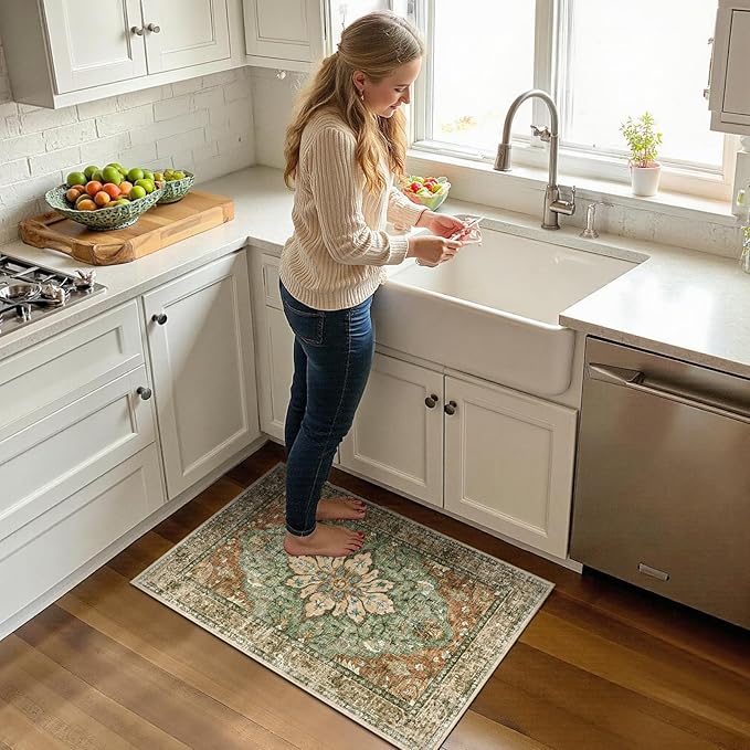 RELEANY Area Rugs 2'x3' Kitchen Rugs Entry Rug Small Rugs for Entryway Kitchen Bathroom Door Mat Indoor Entrance,Washable Non Slip, Brick Red Rust Neutral Brown Burnt Orange Green