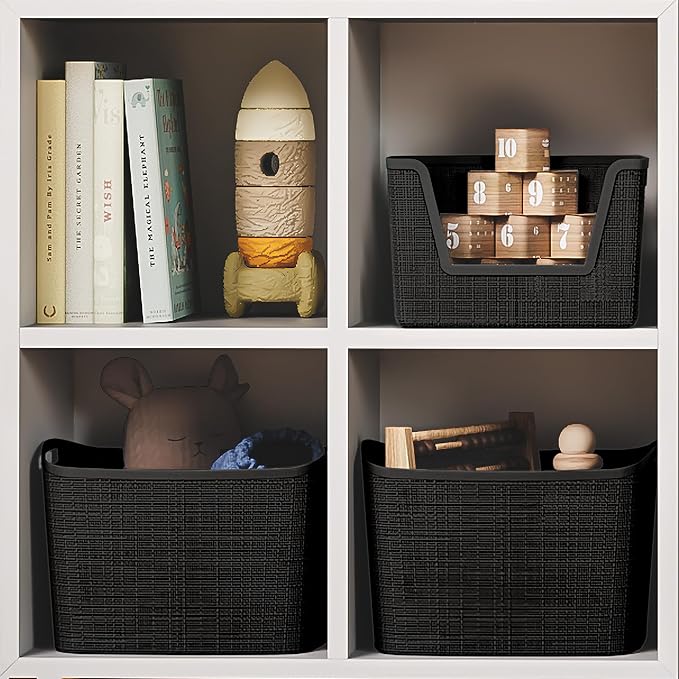 Curver Set of 4 Large 18L Easy Access Jute Decorative Plastic Organization and Storage Baskets - Perfect Bins for Home Office, Closet Shelves, Kitchen Pantry and All Bedroom Essentials, Black