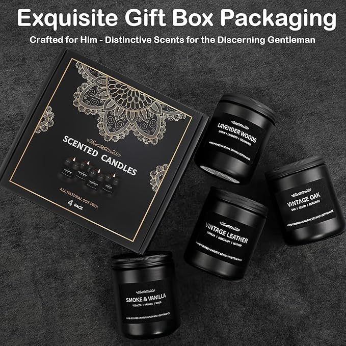 Scented Candle Set, Men Candle Set, Scented Candles for Home, Gifts for Men, 4 Pack Manly Candles Gifts for Mens Scents of Smoke Vanilla/Leather/Oak/Lavender Wood