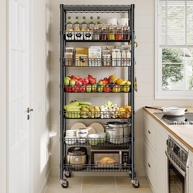 7 Tier Wire Shelving with Wheels 72" H Adjustable Basket Shelf Storage Shelves with Hooks for Kitchen Bathroom Pantry Shelves Closet Laundry Room Organization 72" H x 30" W x 14" D, Black