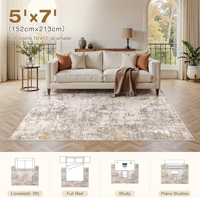 Area Rugs for Living Room: 5x7 Abstract Washable Rug Modern Neutral Large Soft Stain Resistant Non-Slip Backing Machine Table for Bedroom Dining Room Indoor Home Office Carpet - Brown Grey