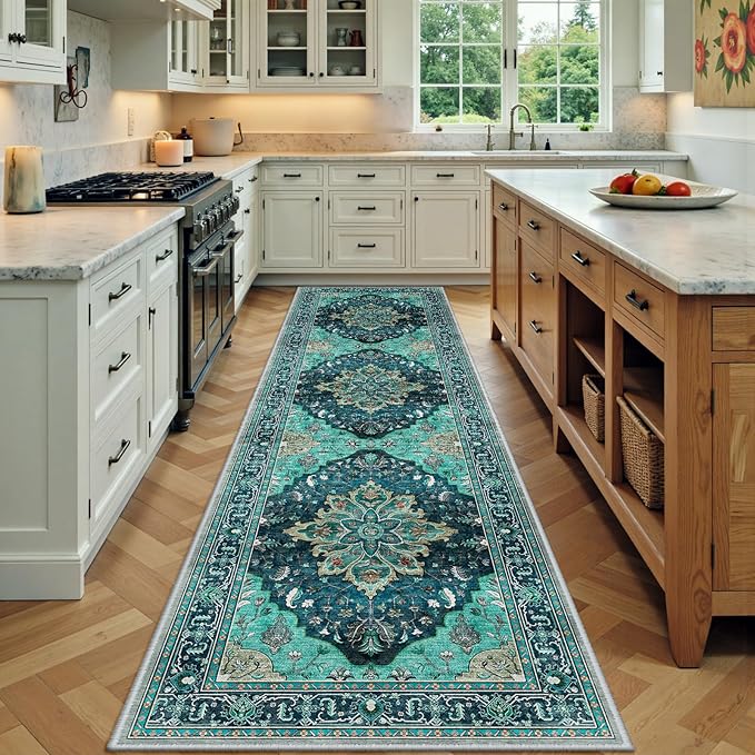 RELEANY Area Rugs 3'x9' Runner Rug Non Slip Washable for Kitchen Hallway Bedroom Beside Laundry Room Bathroom Rug, Floor Carpet, Teal Green Lake Blue Turquoise