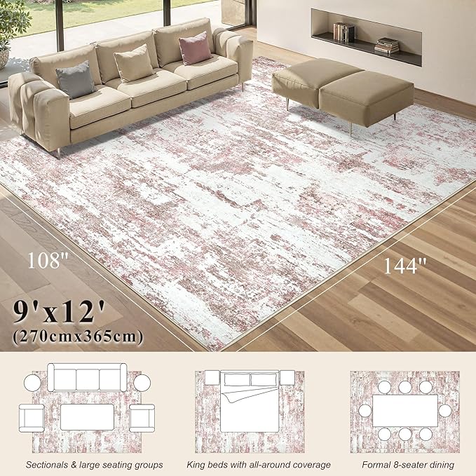 Area Rugs for Living Room: 9x12 Abstract Washable Rug Modern Neutral Large Soft Stain Resistant Non-Slip Backing Machine Table for Bedroom Dining Room Indoor Home Office Carpet - Pink