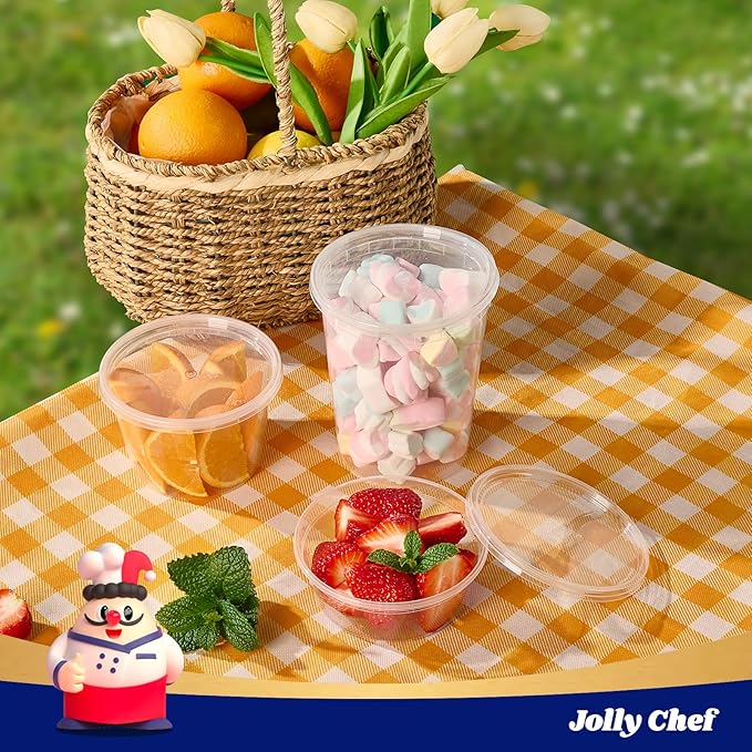 JOLLY CHEF Deli Food Storage Containers with Lids: [48 Sets 3 Sizes] 8 oz, 16 oz, 32 oz Plastic Soup Containers, BPA-free, leak-proof, Takeout Meal Prep Storage