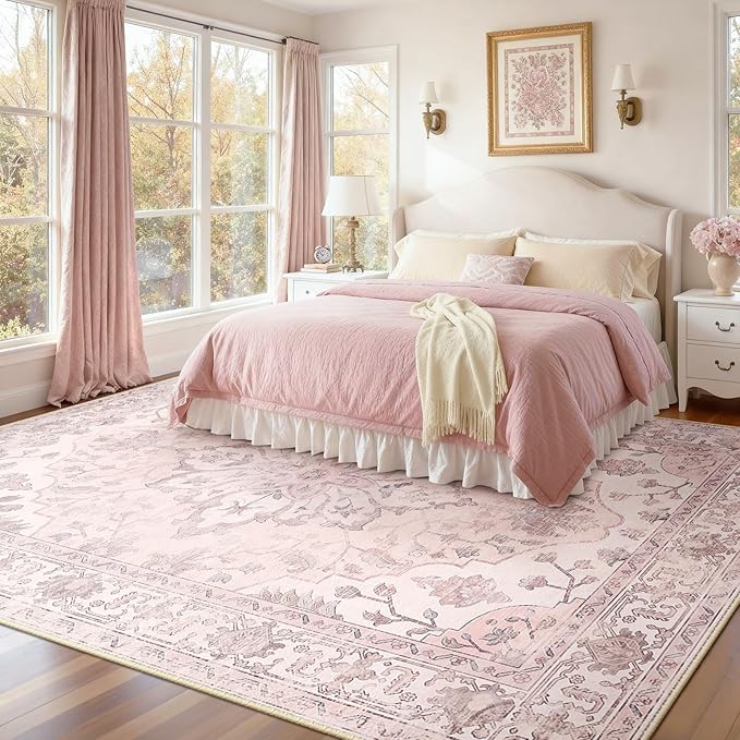 RELEANY Area Rugs 7'x9' Washable Non-Slip, Floral Vintage Distress Print Pattern Medallion Carpet for Living Room Bedroom Dining Room, Pink Greypink Cute