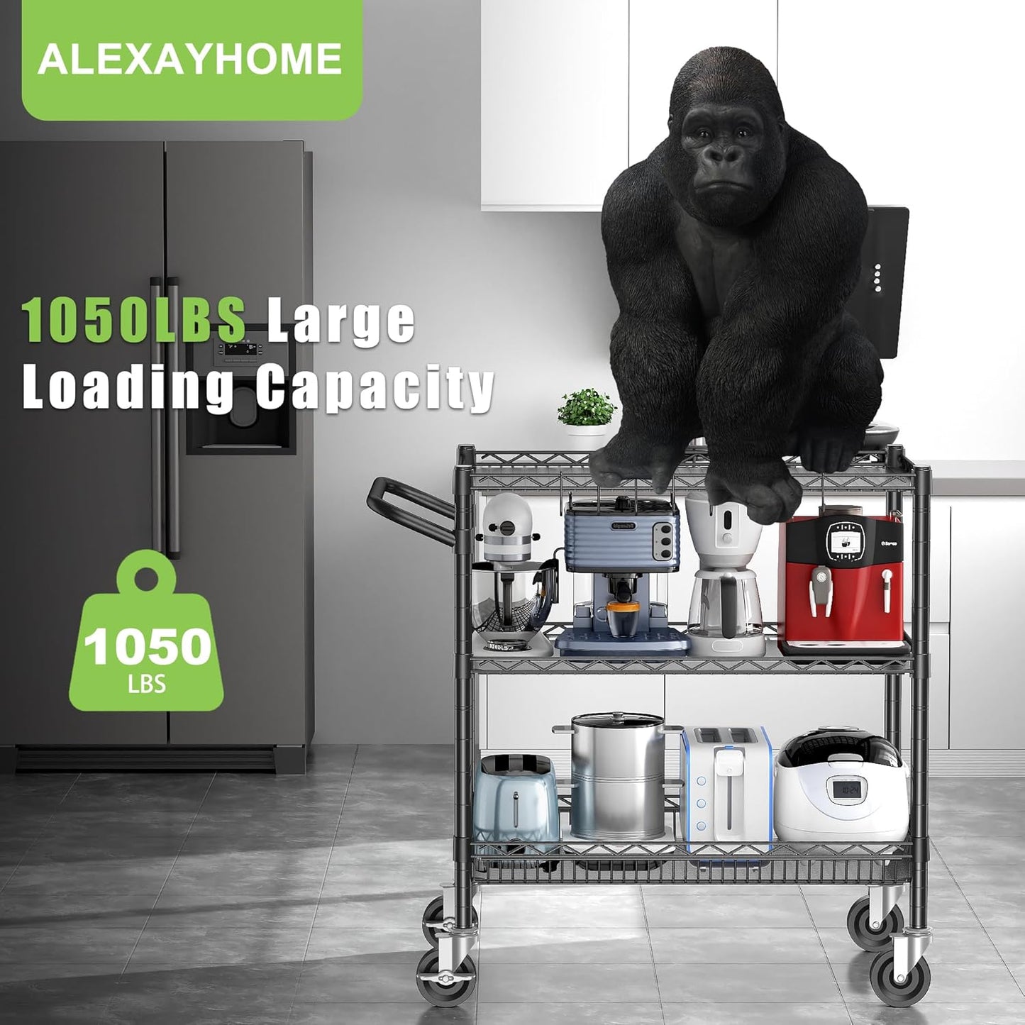 3 Tier Metal Cart with Wheels, Heavy Duty Utility Rolling Cart 1050lbs, Commercial Grade Kitchen Trolley with Handle Bar&Shelf Liner, Mobile Steel Wire Trolley for Warehouse Garage Kitchen