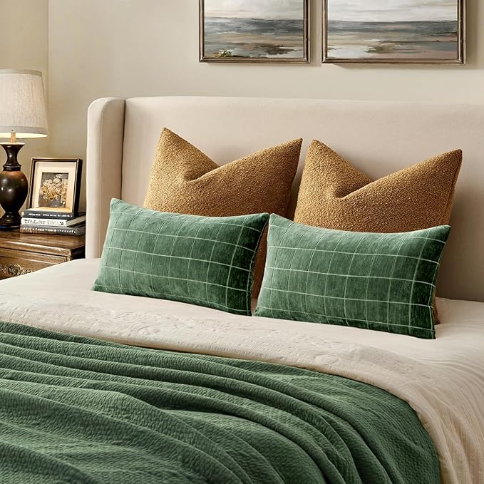 MIULEE Decorative Chenille Check Lumbar Throw Pillow Covers Vintage Plaid Couch Pillows 12x20 Inch Set of 2 Neutral Boho Cushion Covers Modern Spring Home Decor for Sofa Bed Living Room Moss Green