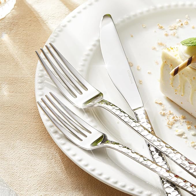 KINGSTONE 60 Piece Hammered Silverware Set, 18/10 Stainless Steel Flatware Set for 12, Cutlery Set for Home, Party, Wedding, Mirror Polished Dishwasher Safe