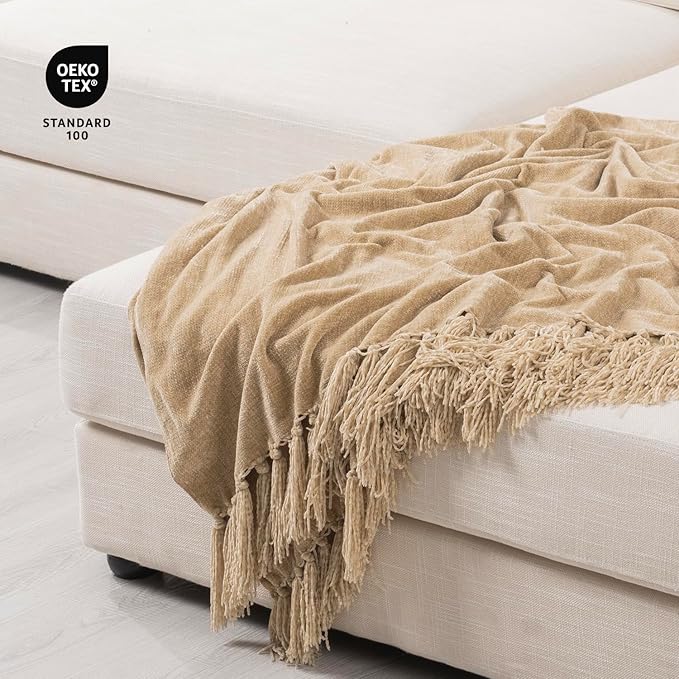 RECYCO Throw Blanket Soft Cozy Chenille Throw Blanket with Fringe Tassel for Couch Sofa Chair Bed Living Room Gift (Beige, 50" x 60")