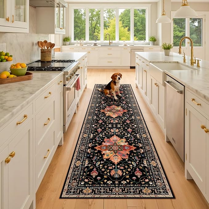 RELEANY Area Rugs 2'x8' Runner Rug Non Slip Washable for Kitchen Hallway Bedroom Beside Laundry Room Bathroom Rug, Floor Carpet, Black Colorful Floral Dark Tan