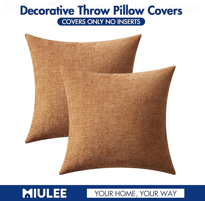 MIULEE Pack of 2 Brown Throw Pillow Covers 16x16 Inch Soft Chenille Pillow Covers for Sofa Living Room Couch Solid Dyed Cases