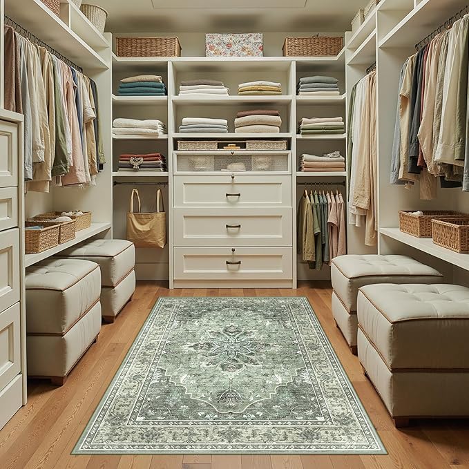 RELEANY Area Rugs 3'x4' Washable Non-Slip, Floral Vintage Distress Print Pattern Medallion Carpet for Living Room Bedroom Dining Room, Dark Green Gray