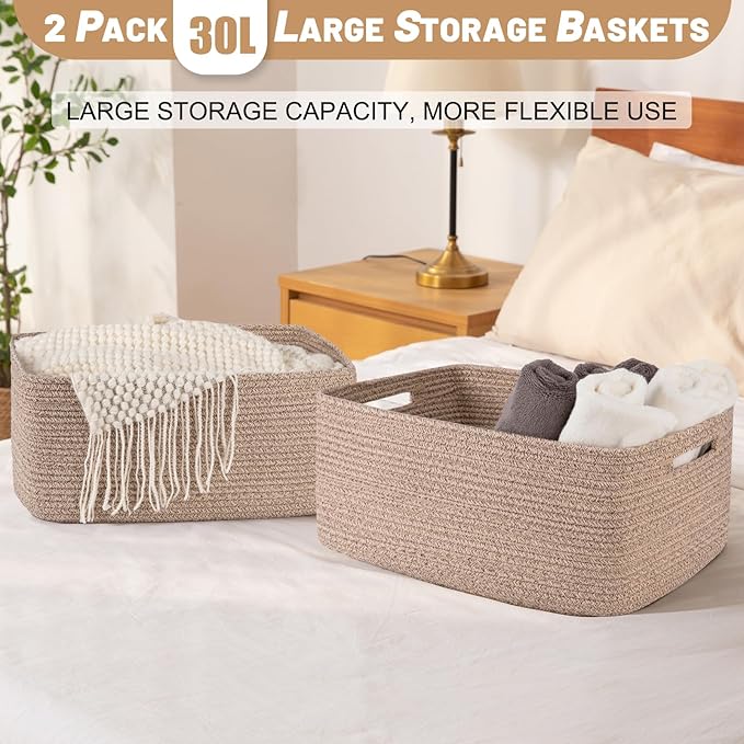 OIASKET Large Storage Basket for Organizing, Woven Rope Basket for Shelves, Closet Organizer Bins for Clothes, Blanket, Toys, Baby Nursery Storage, 17.7" x 13" x 7.87", 2 Packs Brown