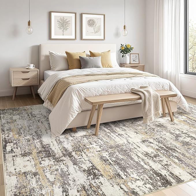 Area Rugs for Living Room: 5x8 Abstract Washable Rug Modern Neutral Large Soft Stain Resistant Non-Slip Backing Machine Table for Bedroom Dining Room Indoor Home Office Carpet - Gold Brown