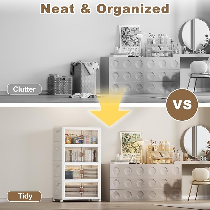 SAILUN 220QT/55Gal Stackable Storage Bins with Lid, Collapsible Storage Bins With Doors and Wheels, Folding Plastic Cabinet Containers for Home Kitchen Closet Organization, 4 Pack