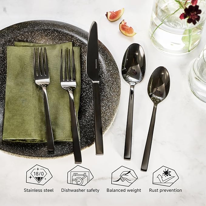 KINGSTONE Black Silverware Set, 20-Piece Flatware Cutlery Set Premium Stainless Steel, Service for 4, for Kitchen, Home, Wedding, Party, Mirror Polished and Dishwasher Safe