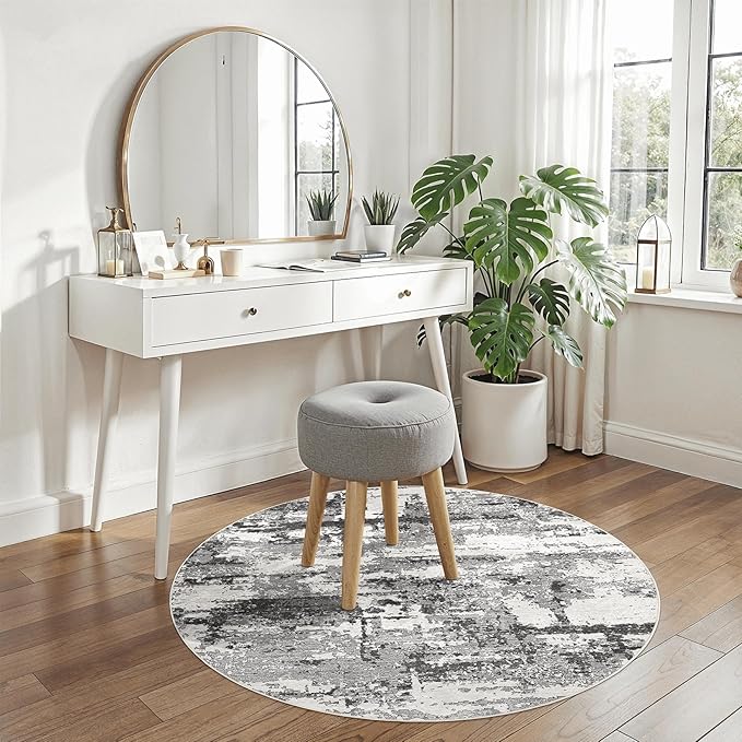4ft Round Area Rugs for Living Room: 5x5 Abstract Washable Rug Modern Large Soft Stain Resistant Non-Slip Backing Machine Table for Bedroom Dining Room Indoor Home Office Carpet - Black Grey