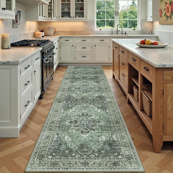 RELEANY Area Rugs 2'x7' Runner Rug Non Slip Washable for Kitchen Hallway Bedroom Beside Laundry Room Bathroom Rug, Floor Carpet, Dark Green Gray