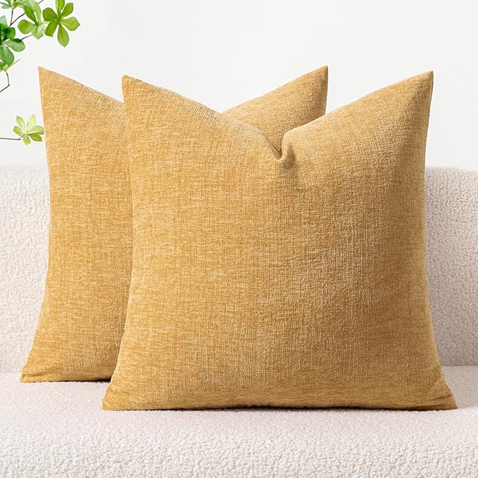 MIULEE Pack of 2 Couch Throw Pillow Covers 20x20 Inch Soft Beige Yellow Chenille Pillow Covers for Sofa Living Room Spring Home Decor Couch Solid Dyed Cases