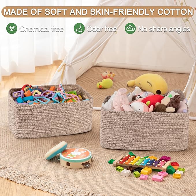 OIASKET Large Storage Basket for Organizing, Woven Rope Basket for Shelves, Closet Organizer Bins for Clothes, Blanket, Toys, Baby Nursery Storage, 17.7" x 13" x 7.87", 2 Packs Brown