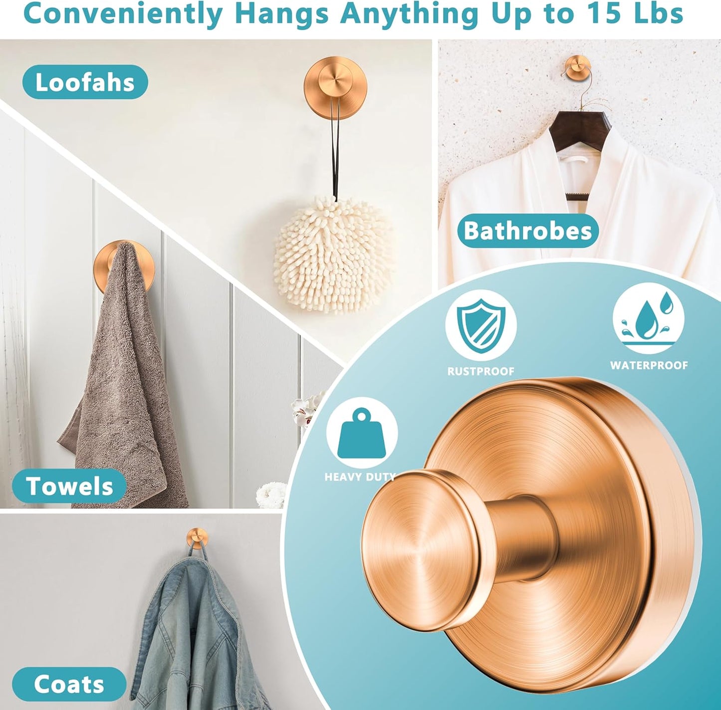 Suction Cup Hooks for Shower,Wreath Hanger for Front Door,Removable No Drill Towel Loofah Hooks,Upgraded 15 lbs Strong Suction for Bathroom,Wall,Glass,Stainless Waterproof-Rose Gold 2 Pcs