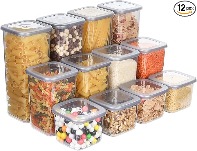 T&D HOME GOODS Storage Jars with Lid, Airtight, Set of 12 Storage Containers, BPA-Free, Storage Container for Cereal, Flour, Kitchen, Practical Organiser Kitchen, (12, 3 Square diff size)