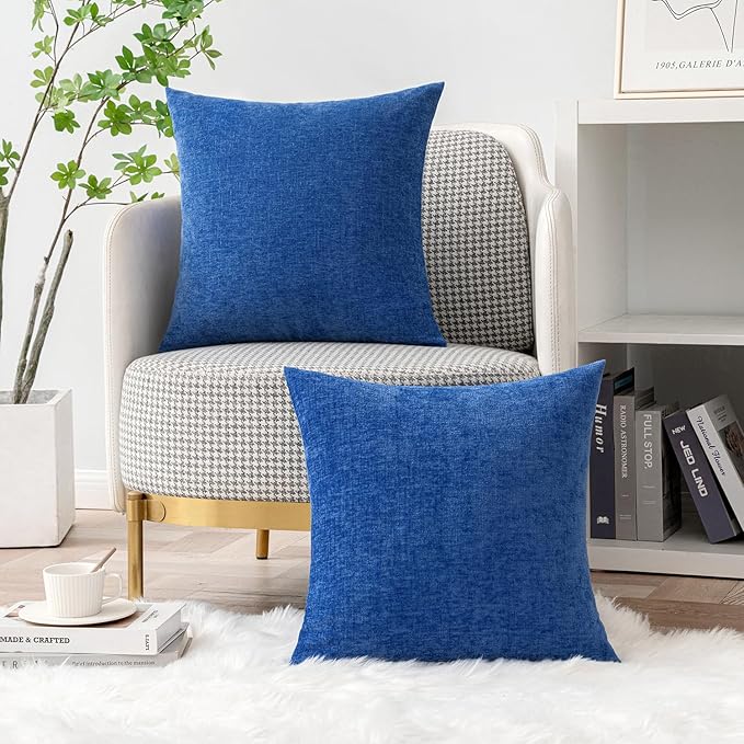 MIULEE Pack of 2 Couch Throw Pillow Covers 18x18 Inch Soft Royal Blue Chenille Pillow Covers for Sofa Living Room Solid Dyed Pillow Cases
