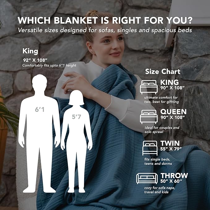 Goqan Muslin Blanket Queen 79x90 – 100% Turkish Cotton 4 Layer Boho Muslin Blanket for Adults, Four Season, Lightweight and Thin, Soft, Breathable for Bed - Teal