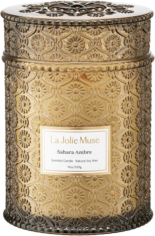LA JOLIE MUSE | Sahara Amber Candle | Bergamot, Clove & Amber | 19 oz Wooden Wick | Natural Soy Wax | 90 Hours Clean Burn | Gift-Ready for Cozy Nights | Elevated Fall Décor