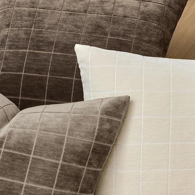 MIULEE Decorative Chenille Check Throw Pillow Covers Vintage Plaid Couch Pillows 16x16 Inch Set of 2 Neutral Boho Farmhouse Cushion Covers Modern Spring Home Decor for Sofa Bed Living Room Taupe Grey