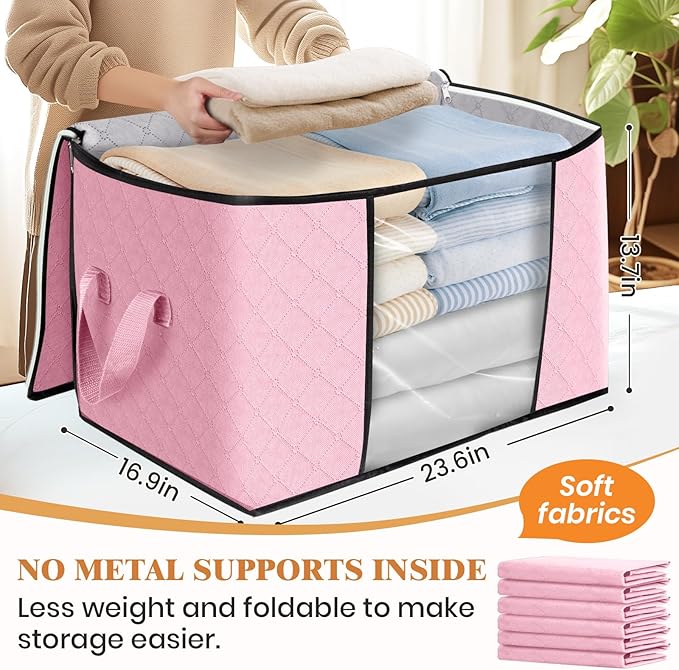 Fab totes 24 Gallons Clothes Storage, Foldable Thick Fabric Blanket Storage Bags, Containers for Organizing Bedroom, Closet, Clothing, Comforter, Organization with Handle (8 Pack,Pink)