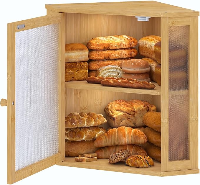 Corner Bread Box for Kitchen Countertop,Bread Storage for Homemade Bread, Double Layer Large Bamboo Kitchen Storage Bin with Window (Natural, Large)