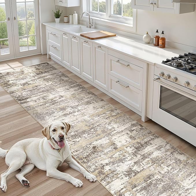 Hallway Washable Runner Rug: 3x12 Abstract Modern Soft Stain Resistant Non-Slip Backing Runner for for Entryway Kitchen Laundry - Gold Brown