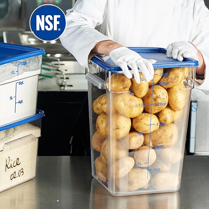 CURTA 8-Pack 22 Qt NSF Clear Polycarbonate Food Storage Containers with Blue Lids - Square, Commercial-Grade, Freezer & Dishwasher Safe, Stackable