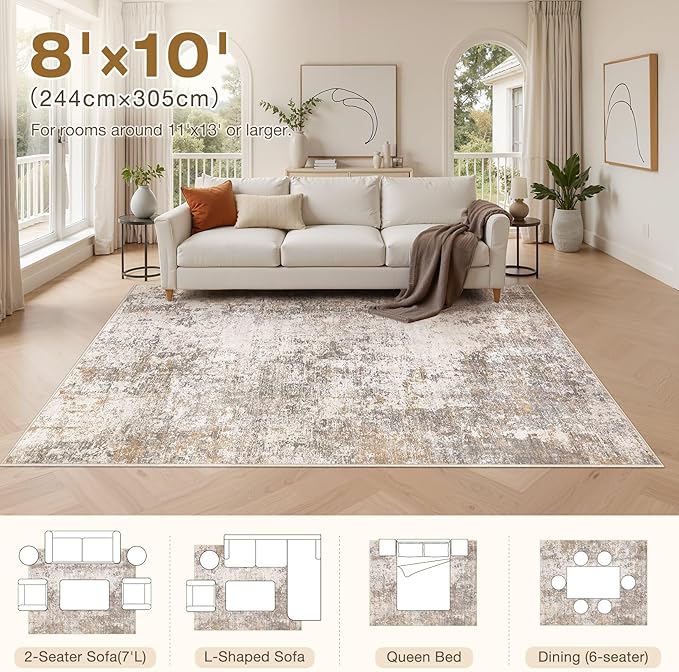 8x10 Area Rugs for Living Room：Washable Rug Abstract Modern Neutral Large Soft Stain Resistant Non-Slip Backing Machine Table for Bedroom Dining Room Indoor Home Office Carpet - Brown Grey