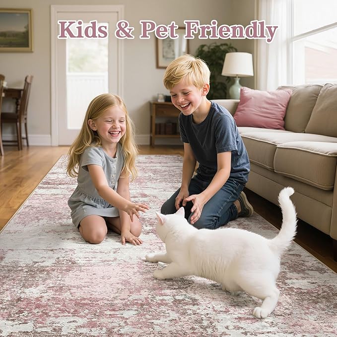 Area Rugs for Living Room: 3x12 Abstract Washable Rug Modern Neutral Large Soft Stain Resistant Non-Slip Backing Machine Table for Bedroom Dining Room Indoor Home Office Carpet - Pink