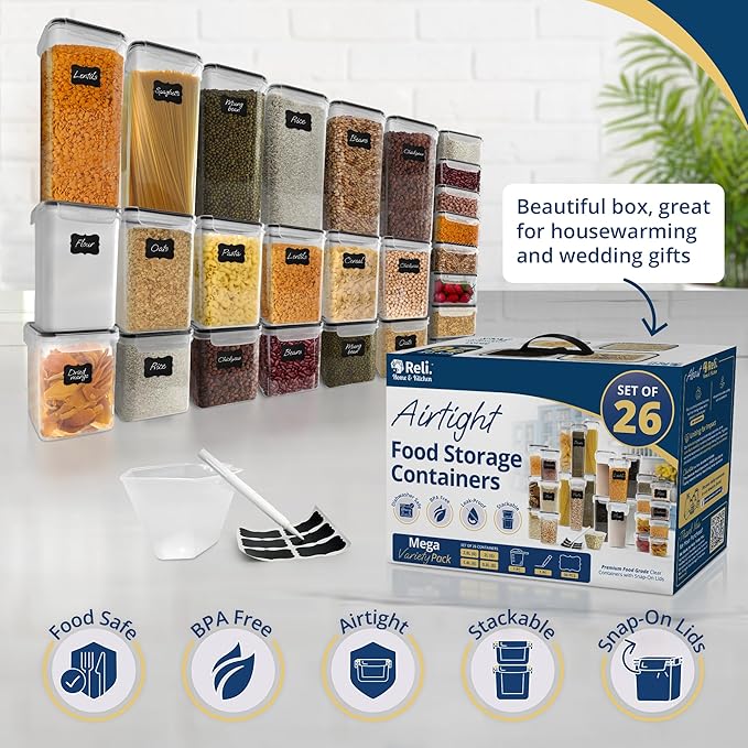 Reli. Airtight Food Storage Containers with Lids (26 Sets) | Kitchen Organizers and Storage Pantry Organizers | BPA Free Plastic Food Containers | Mega Variety Pack w/Measuring Cup, 30 Labels, Pen