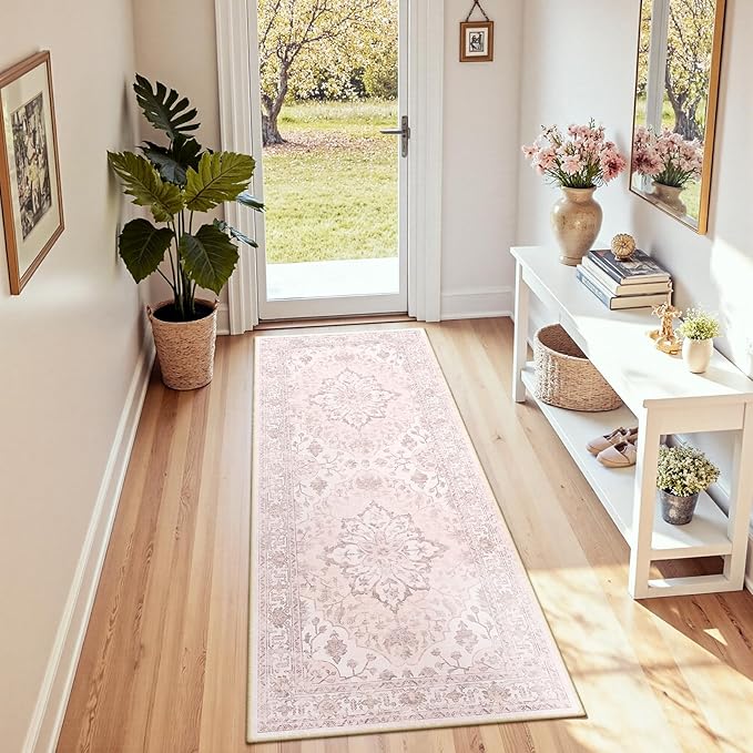 RELEANY Area Rugs 2'x6' Runner Rug Non Slip Washable for Kitchen Hallway Bedroom Beside Laundry Room Bathroom Rug, Floor Carpet, Pink Greypink Cute