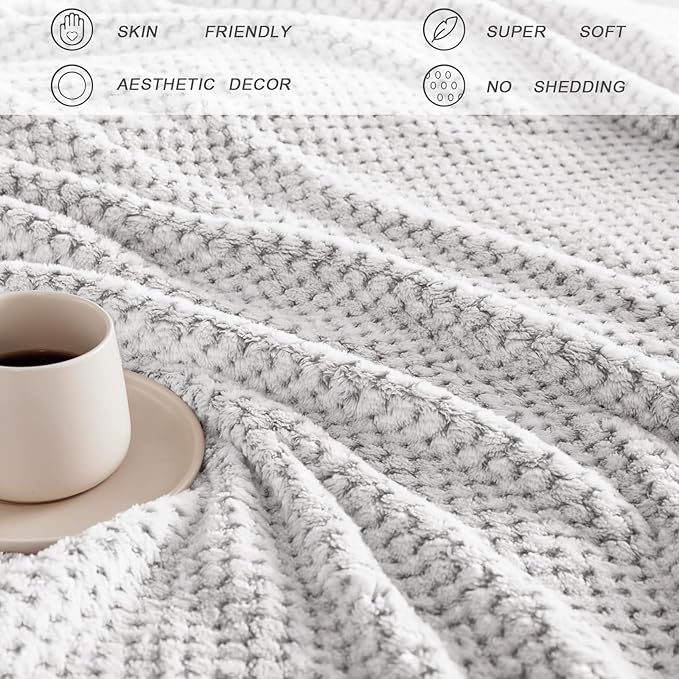 Exclusivo Mezcla Fleece Bed Blanket Queen Size, Super Soft and Warm Blankets for Couch, Sofa and Bed Waffle Textured, Cozy, Fuzzy and Lightweight (Mixed Light Grey, 90x90 Inches)