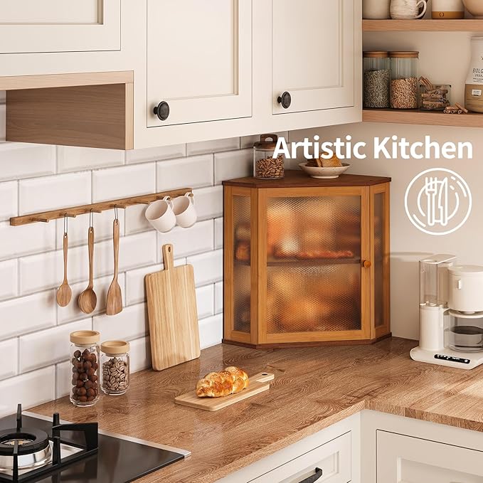 Corner Bread Box for Kitchen Countertop,Bread Storage for Homemade Bread, Double Layer Large Bamboo Kitchen Storage Bin with Window (Brown, Large)