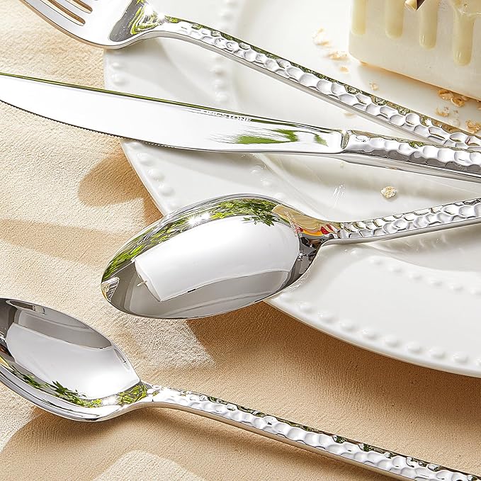 KINGSTONE 36 Piece Silverware Set with Steak Knives, Hammered Silverware Set for 6, 18/10 Stainless Steel Flatware, Cutlery Set for Home, Party, Wedding, Mirror Polished Dishwasher Safe