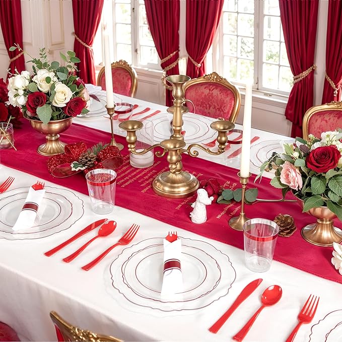 Liacere 400PCS Pre Rolled Red Silverware and Napkin - Disposable Red Plastic Utensils-Wrapped Plastic Cutlery Set with Napkin:100Forks,100Knives,100Spoons,100Napkins for Wedding＆Valentine's Day