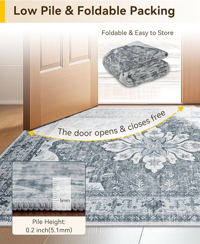 RELEANY Area Rugs 4'x6' Washable Non-Slip, Floral Vintage Distress Print Pattern Medallion Carpet for Living Room Bedroom Dining Room, Light Gray Grey White