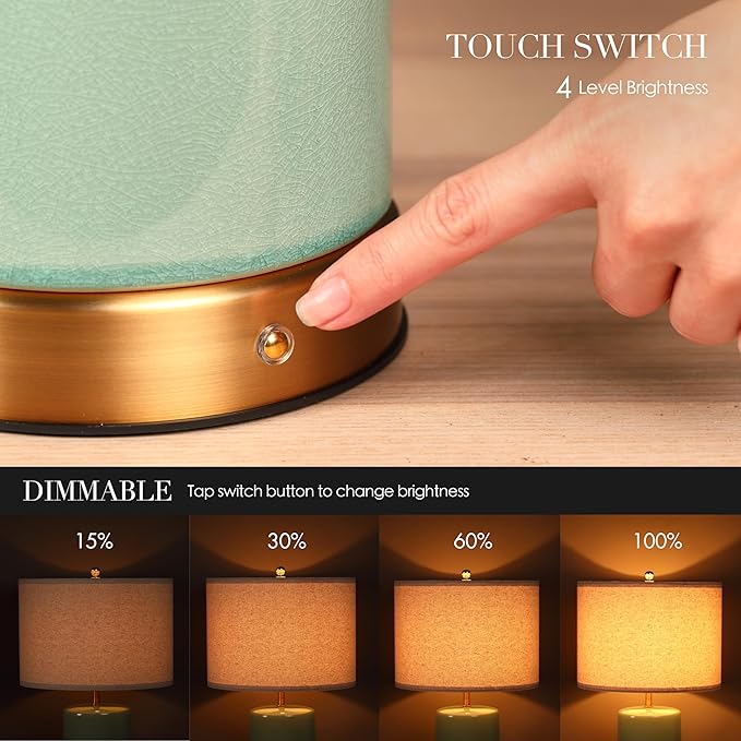 O’Bright Dune - Battery Powered Table Lamp, Rechargeable Cordless Ceramic Lamp, Full-Size 19.5 Inch Height, Dimmable, Smart Safety Protection, Type-C Fast Charging, LED Bulb Included, Sage Green